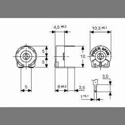 PTC 10 LV 2,5 K (PTC10LV10-252A2020) PIHER Potencjometr mont. cermetowy 10mm gniazdo prostokątne