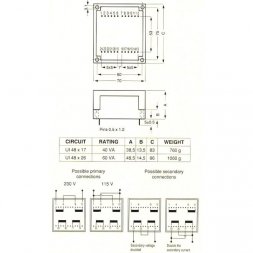 45075 MYRRA Transformator do PCB UI48-26 2x12V 60VA 2x115V
