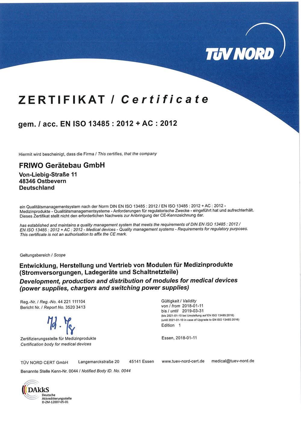 FRIWO power supplies already complying with DIN EN ISO 13485 Certification
